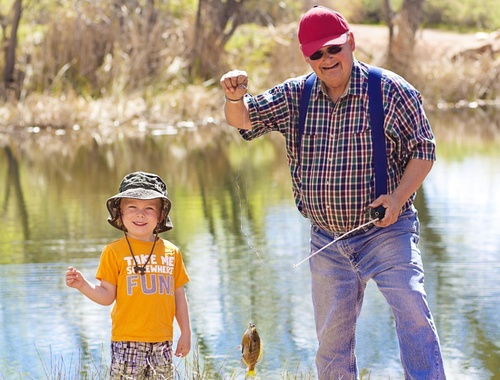 Little Boy and his Grandfather Catching a Fish