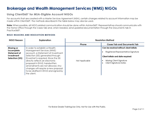 Brokerage and Wealth Management Services NIGOs