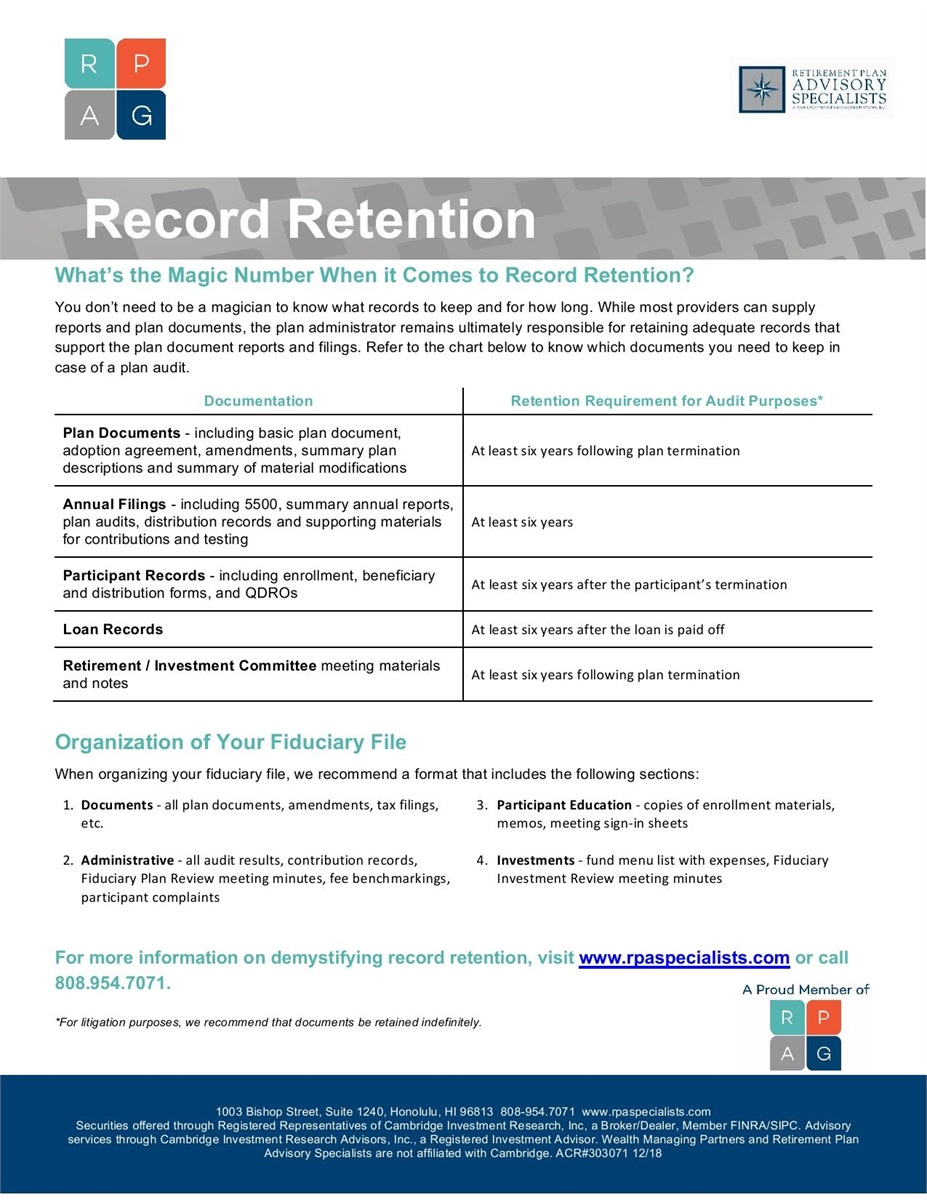 Employee Record Retention Guidelines 2021 | DBERDT