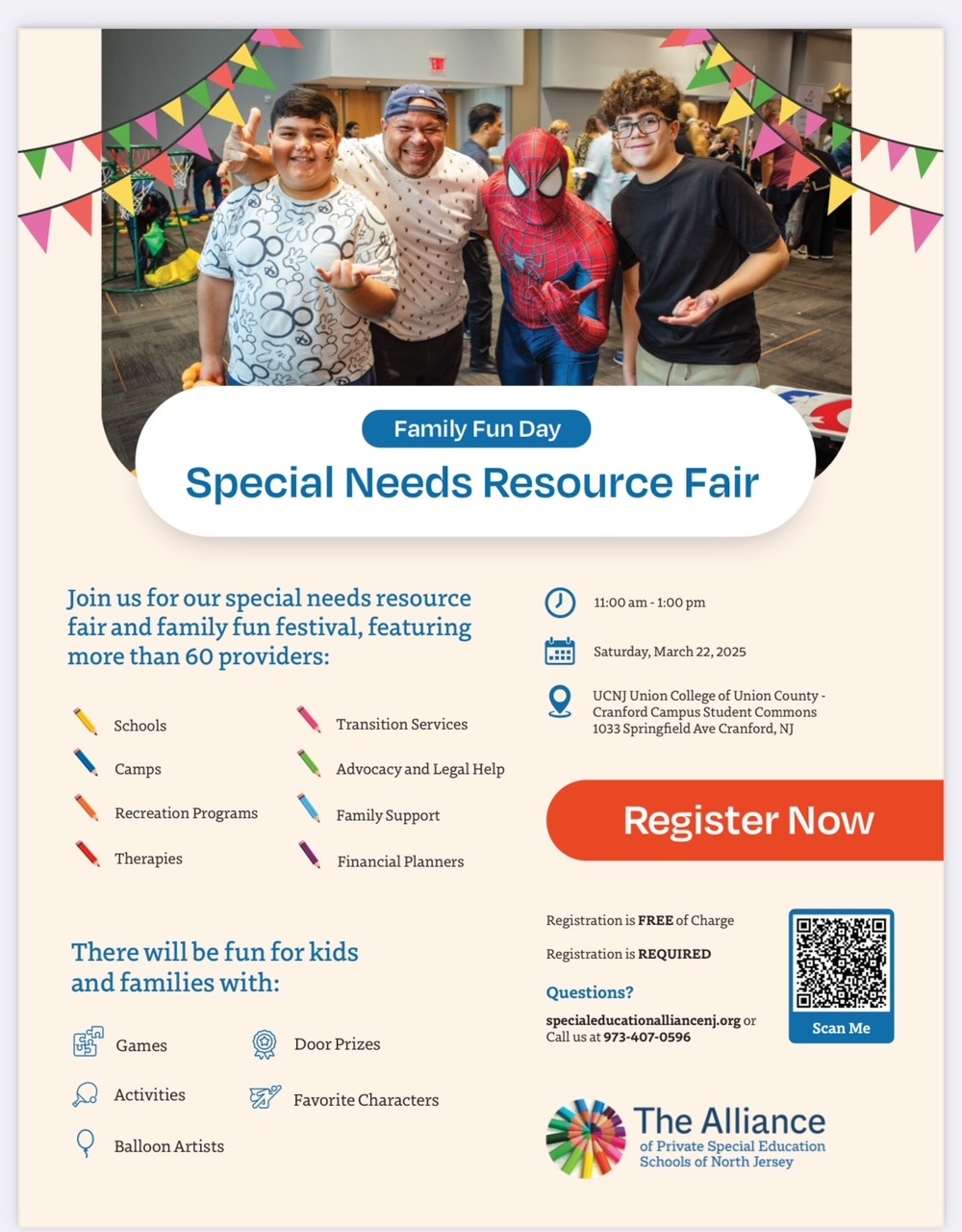 Saturday March 22, 2025 from 11:00-1:00<br/><span>Alliance of Private Special Education Schools of North Jersey </span>Special Needs Resource Fair & Family Fun Day<br/>