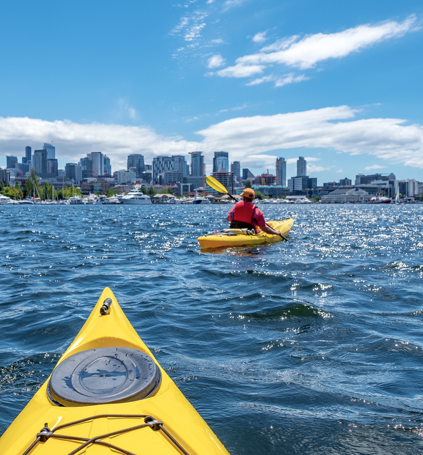 kayaking in a bay next to a city