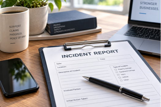 Incident report, phone and laptop on a business desk