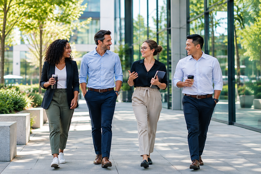 Coworkers taking a walking meeting outside the workplace
