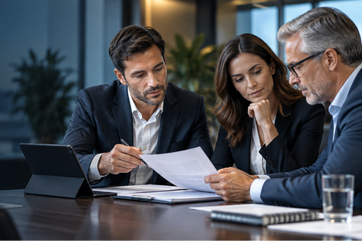 Business professionals reviewing a contract