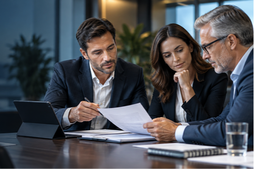 Business professionals reviewing a contract