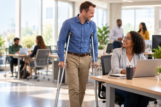 Employee returning to work on crutches and speaking with a coworker