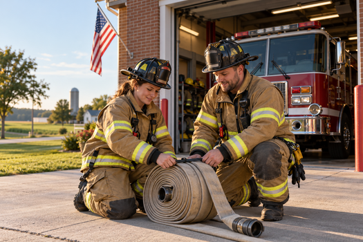 Illustrative scene of American volunteer firefighters preparing equipment outside a rural fire station