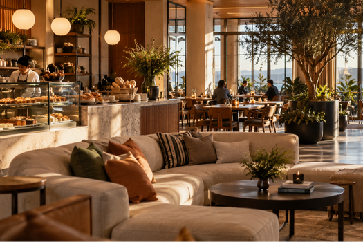 Hospitality setting with hotel reception, restaurant dining, cafe and bakery areas